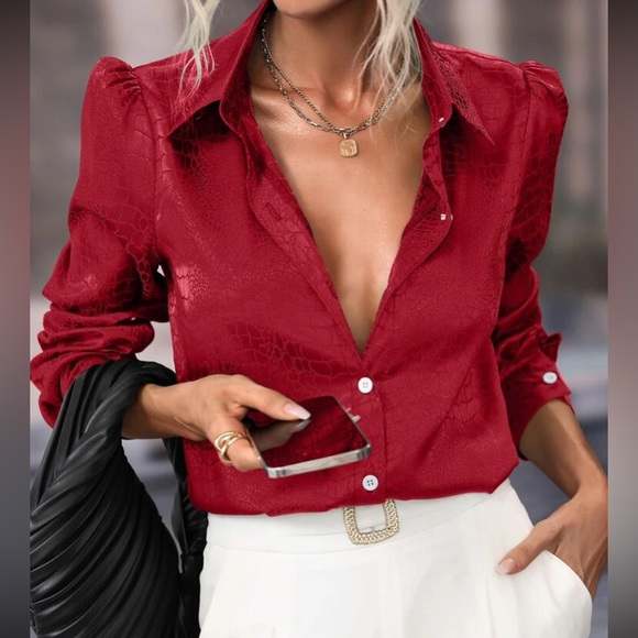 Luxe black jacquard button down business casual top - Picture 12 of 12